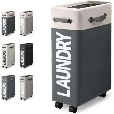 45L Smal Hopfällbar Tvättkorg med 4 Hjul Smal Vikbar Tvättkorg Rektangulär Tvättkorg för Förvaring av Kläder Hemma (Vit + Mörkgrå)/NC/