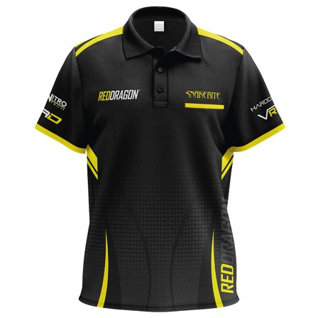 Red Dragon Darts Snakebite Mens Polo Shirt, Black/Yellow, Medium/Large/2XL, Climate Control, Breathable, Pro Player, Short Sleeve, Electric Design
