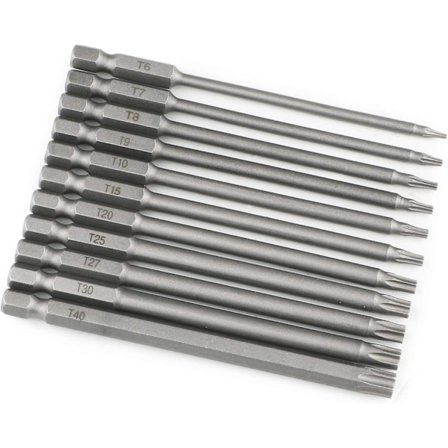 Set med 11 extra långa (100 mm) och magnetiska sexkantiga Torx-bits - elektrisk skruvmejsel