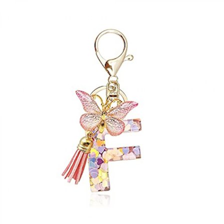 Smykke med bokstav, initial, nøkkelring, kvast, sommerfugl-anheng, for vesker, håndvesker, kvinner, jenter - f (FMY)