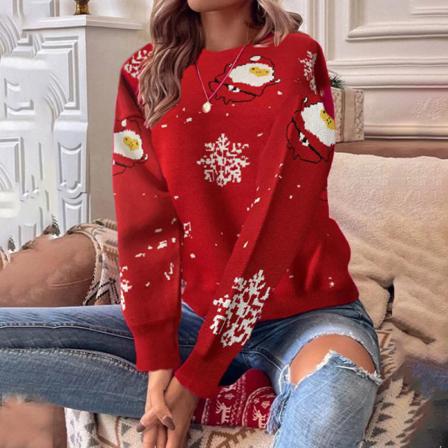 Ladies Snowflake Printed Crew Neck Vinter Varma Stickade Tröjor