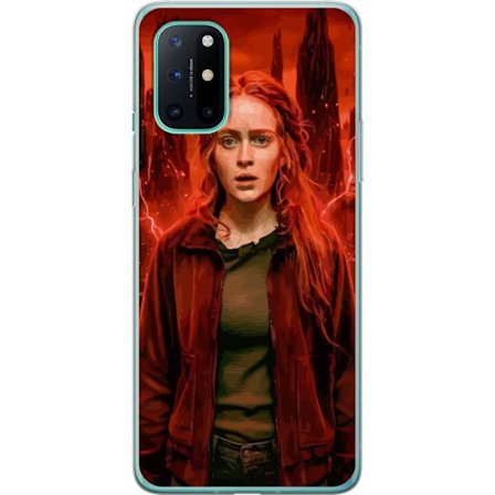 Kompatibelt Mobilskal till OnePlus OnePlus 8T Porträtt av en ung kvinna med rött hår i en apokalyptisk landskap, röda blixtar och mörka klippform