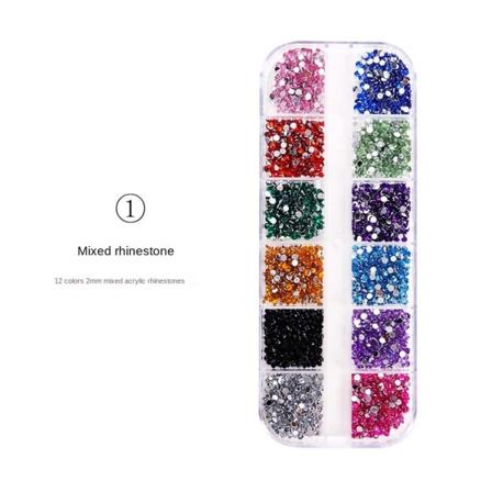 Nageldekorationer för Nail Art 12 Grid Akryl Rhinestone AB Vit Stor Röd Storlek Blandad 2mm Color mixed drill