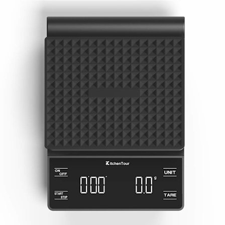 2025 Siste Modell KitchenTour Kaffeskala med Timer 3kg/0.1g Høy Presisjon Pour Over Drypp Espresso Vekt med Bakgrunnsbelyst LCD-Skjerm (Bat