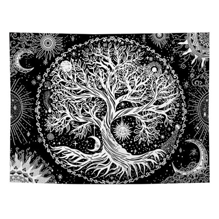 Livets tre (150x200cm) Svart måne og sol veggteppe psykedelisk