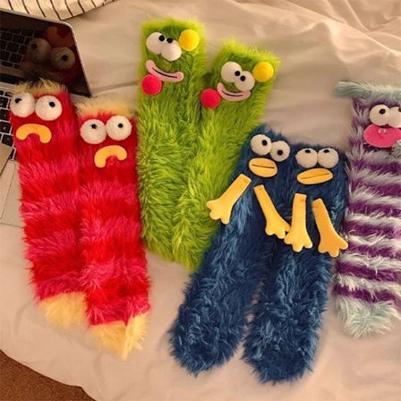 1Pair Ugly and Cute Funny Mink Fleece Floor Socks Thickened and Warm Autumn and Winter Cartoon Medium Sleeve Home Socks Big Eye