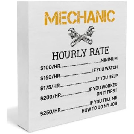 Mekaanikon lahjat miehille isälle aviomiehelle poikaystävälle pojalle, mekaanikon tuntihinta puukyltti, hauska miesluolan autotallin sisustus 