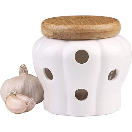 Opbevaringskrukke til hvidløg - Hvid keramisk beholder med bambuslåg, holder køkkenet organiseret