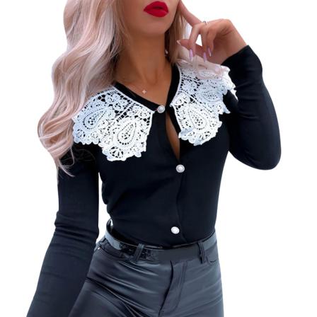 Guipure Lace Patch Knäppt Stickad Tröja Koftor Dam Lång S
