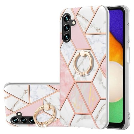 Marble Patterned Suojakuori With Ring Holder For Samsung Galaxy A54 - Pinkki / Valkoinen