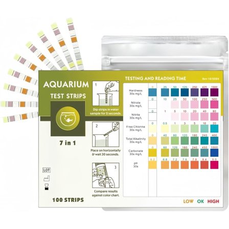 7-i-1 Akvarieteststrips – 50 stk.: Hurtig vandanalyse (pH, nitrat, nitrit, klor, total hårdhed, karbonathårdhed, alkalinitet)