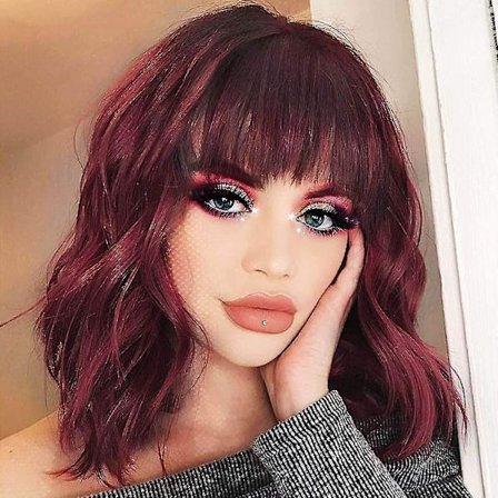 Lyhyt bob-peruukki naisille, kihara peruukki otsatukalla, luonnollinen lämmönkestävä kuitu päivittäiseen käyttöön