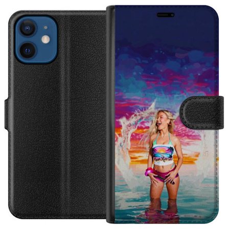 Yhteensopiva Lompakkokotelo Apple iPhone 12 mini Vaalea nainen kirjavia rantavaatteita pelaa meressä auringonlaskun aikaan