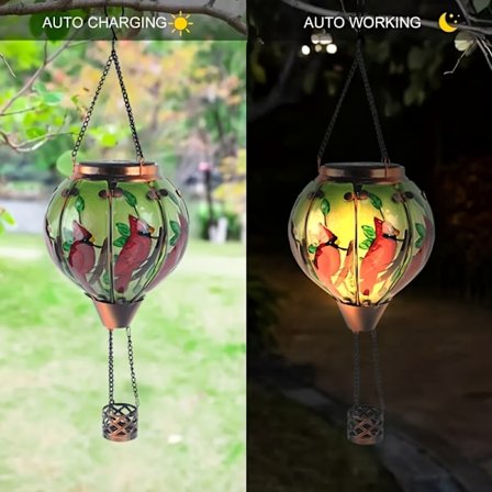 1 stk. Solcelledrevet Rød Fugl & Marihøne Glass Varmluftballong Hengende Lys - 600mAh NiMH Batteri, Utendørs Hagedekorasjon med Levende [YJD][YJD]