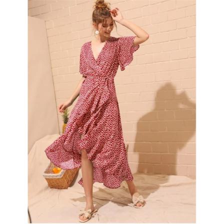 Sommar Festklänning Print Kortärmad Sexig Korsad V-ringad L