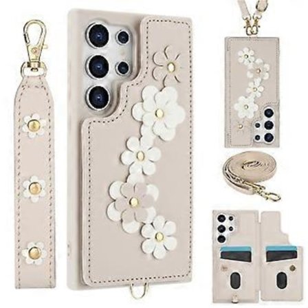 SY-001 Kompatibel med Samsung Galaxy S24 Ultra Cover Stativ Læder+TPU Crossbody Telefon Cover (Beige)