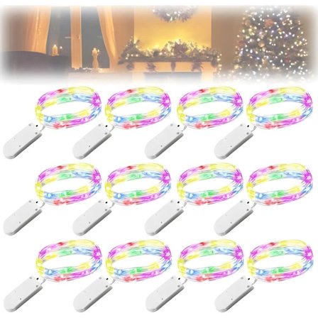 12x Flerfarvede Lyskæder - LED Lys - Julelys - Juletræslys - Batteridrevet - Mini Lampe - Kobbertråd - Dekorativ Lyskæde