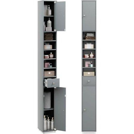 COSTWAY Badeværelsessøjleenhed med 2 dørskabe, 1 skuffe og 5 justerbare hylder, 20 x 20 x 180 cm, Grå