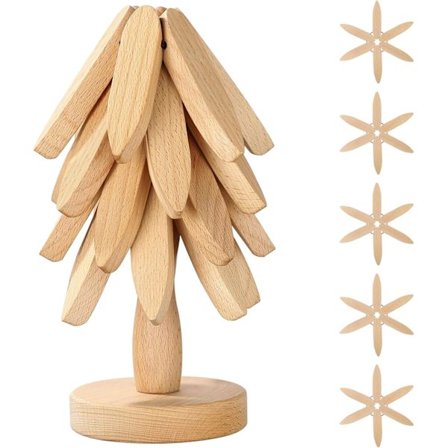 Trivets i tre for varme retter, treformet trivet, 5 trivets i tre + 1 stang stablet som et juletre, trivet i bøketre