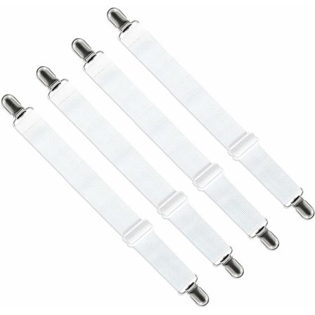 Justerbar lakansträckare (65 cm till 200 cm), fästrem för lakan, soffa, strykjärnsöverdrag (vit, 4-pack)