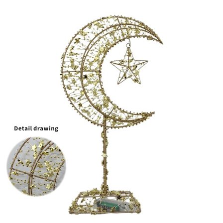 1 stk. Ramadan Dekoration, Måne & Stjerne Kombination med 20 LED Lys, Drevet, Metal Hul Design, Let-At-Installere Ramadan Dekorationer, Egnet til Ho