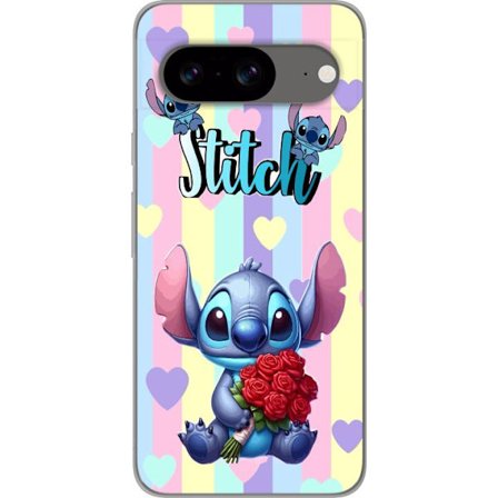 Kompatibel Mobilcover til Google Pixel 8 Romantisk illustration af Stitch der holder røde roser mod stribet baggrund