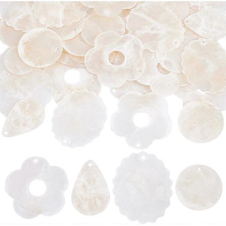 48 kpl simpukankuoria, 4 tyyliä, luonnollisia Capiz-simpukankuori riipuksia, viipaleita, Capiz-simpukankuori kiekkoja, merisimpukoita rei'illä, 