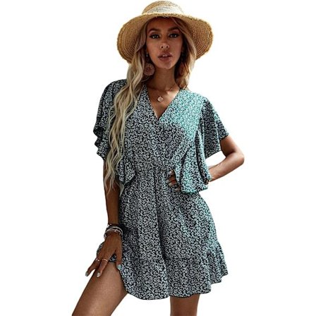 HAUFR Naisten kesäinen polka Dots V-pääntie röyhelöt Cap Sleeve A Line Mini mekko