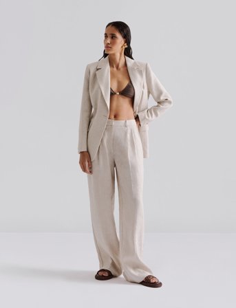 Malina Yana Tailored Wide Linen Pants - Beige - 36