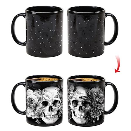 Sukkerkranie Magisk Krus - Varmeaktiveret Farveskiftende Kaffekop (330 ml), Blomstret Dag af de Døde Design Afslører Livlige Farver - Unik
