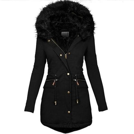 Vatteret vinterdunjakke til damer med hætte med lynlås og vindtæt med aftagelig pelskrave (XL, Sort)