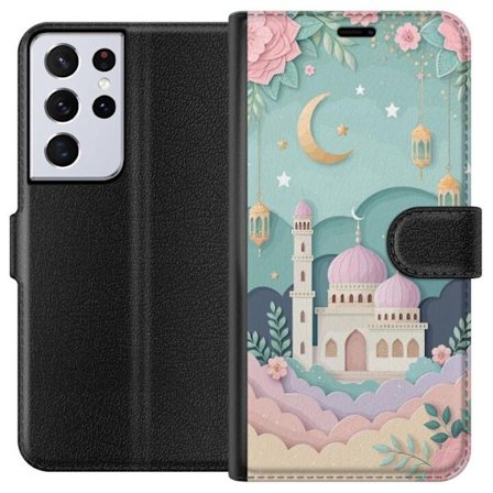 Kompatibelt Lommeboketui til Samsung Galaxy S21 Ultra 5G Håndtegnet reiseinspirert mønster med verdenskart, fly, hjerter og vintage eventyrtema