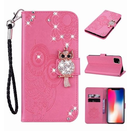 Etui til iPhone 14 Pro rosa preget ugle diamant kortspor lommebok skinn