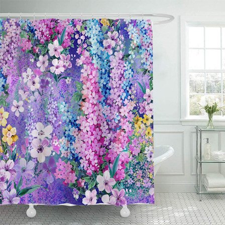 Unelmainen violetti suihkuverho värikkäillä kukilla, pehmeillä sävyillä, vedenpitävä polyesterikangas ja 12 koukkua; täydellinen kylpyhuoneeseen
