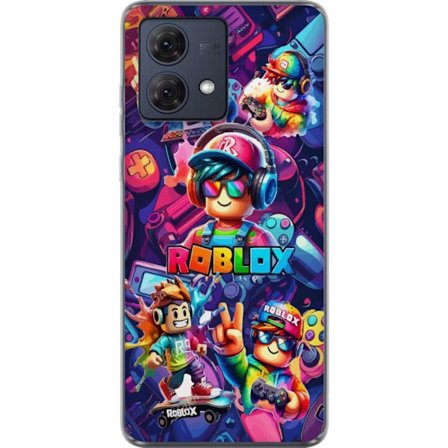 Kompatibel Mobilcover til Motorola Moto G84 Farverig Roblox gaming gruppe med hovedtelefoner, controllere og neonfarver perfekt til børn og gaming ent