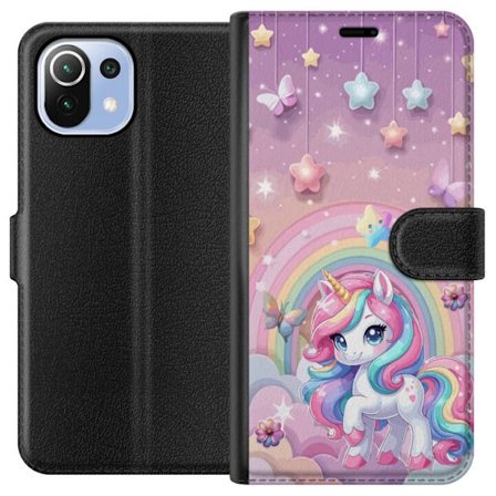 Kompatibel Tegnebogsetui til Xiaomi Mi 11 Lite Magisk enhjørning med regnbue manke, stjerner og sommerfugle mod en pastelfarvet himmel med skyer