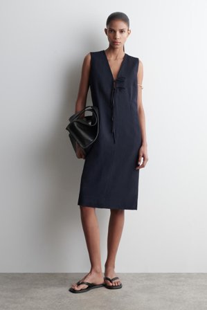 COS Women's Linen Blend Tie Front Midi Dress in Blue