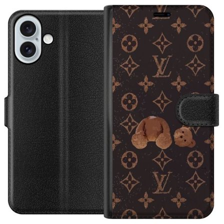 Kompatibel Tegnebogsetui til Apple Apple iPhone 16 Plus Luksuriøst monogrammønster med knust bamse i mørk modeæstetik