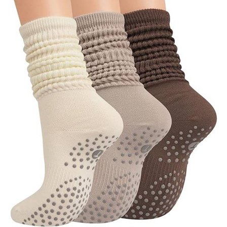 Anti-skli Pilates Sokker for Kvinner 3-Par Lange Grips Svette-Transporterende Yoga Fitness Hjemme-Kleur-A