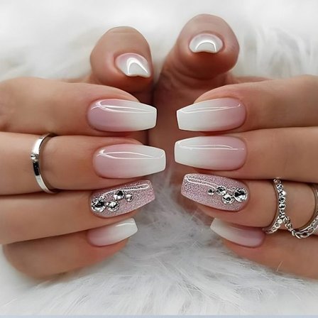 Fake Nails Long French Rhinestone