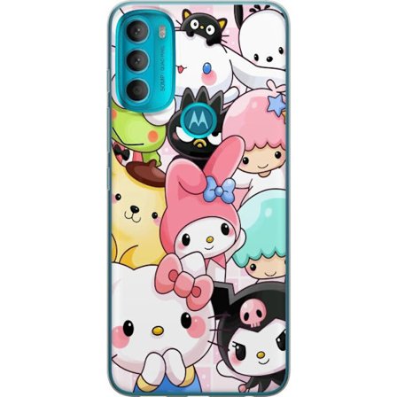 Kompatibelt Mobildeksel til Motorola Moto G71 5G Tett mønster av søte figurer med store øyne i ulike farger og uttrykk med LABUBU-tekst