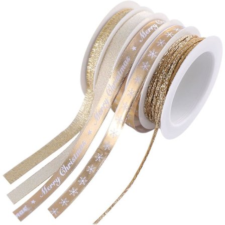 5 gullfargede julebånd, satengbånd, dekorativt bånd