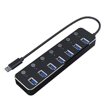 USB-hub 7 portar USB 3.0 5 Gbps Hub Splitter Extender med strömbrytare och LED för bärbar dator PC Svart