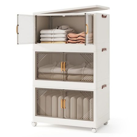 COSTWAY 213L Opbevaringskasse med 3 niveauer, hjul, dør, låg, sammenklappelige opbevaringskasser, til soveværelse, stue