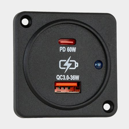 Toma USB Sutars, empotrado, negro, cuadrado, 12 / V 24 V, 36 W / 60 W, 2.1 A, USB-A + USB-C