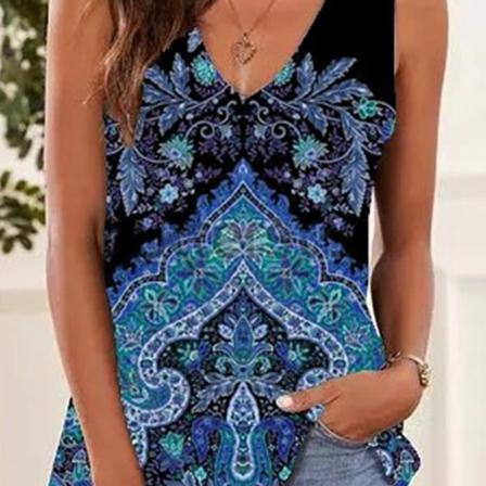 Damväst Bohemian Print Tank Top Ärmlös V-hals