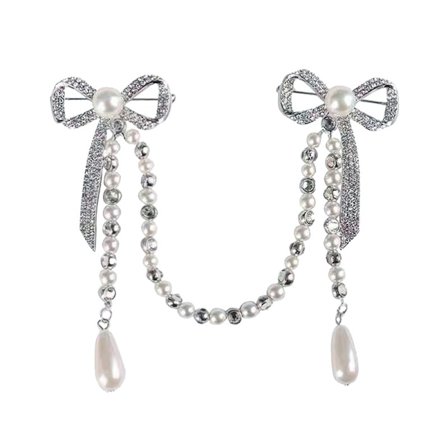 Dubbel rosett brosch pinne rosett faux pärla bröstnål kedja tofs krage pinne