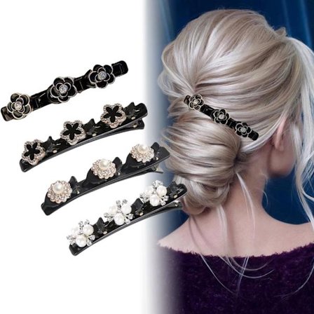 Kolmikukkainen liukusolki, 4 kpl punottuja hiuspidikkeitä, moniklipsi, kaksinkertainen hiuspidike, hiuskynsi, liukumaton leukaklipsi, timanttikivi 