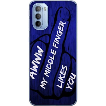 Kompatibelt Mobildeksel til Motorola Moto G31 Mørk typografisk illustrasjon med hjerteform og budskap om vennskap mot dyp blå tretekstur