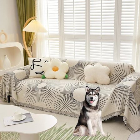 Minimalistisk Chenille Sofaovertræk til Hunde og Katte - Sort og Beige - Jacquard Sofa Beskytter - Multi-Use - Vaskbar - Loveseat Sofa Betræk - 180 x